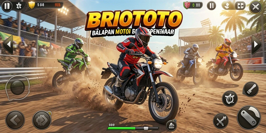 Tampilan gameplay mendebarkan dari BRIOTOTO saat balapan motor.
