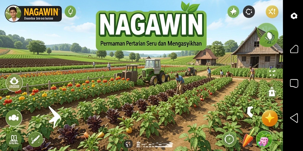 Screenshot gameplay NAGAWIN menunjukkan keindahan ladang dan tanaman yang subur.
