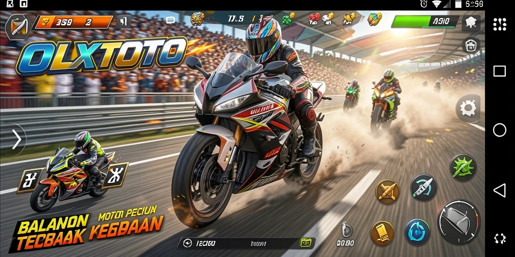 Screenshot gameplay OLXTOTO menampilkan aksi balapan motor yang intens.