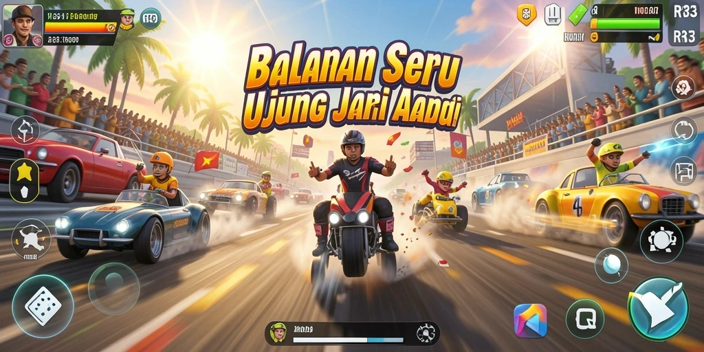 Screenshot gameplay RR33 menampilkan balapan yang penuh aksi dan kecepatan tinggi.