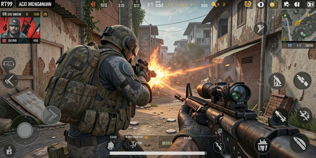 Screenshot gameplay RT99 menunjukkan aksi tembak-menembak yang mendebarkan.