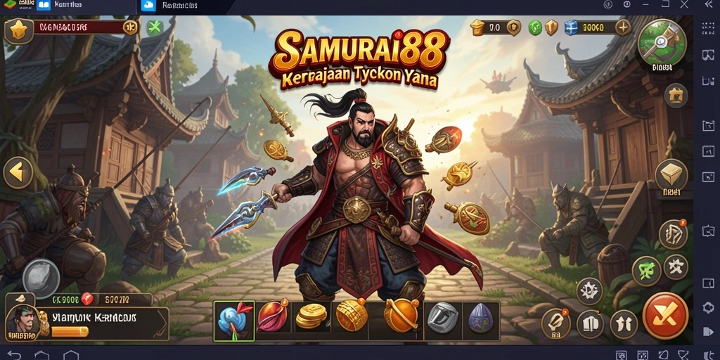 Gameplay SAMURAI88 menampilkan aksi membangun bisnis dengan antarmuka yang intuitif.