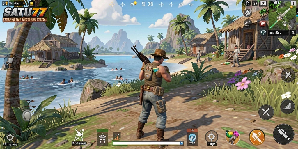 Screenshot menunjukkan pemain menjelajahi pemandangan alam yang menakjubkan di SATU77.